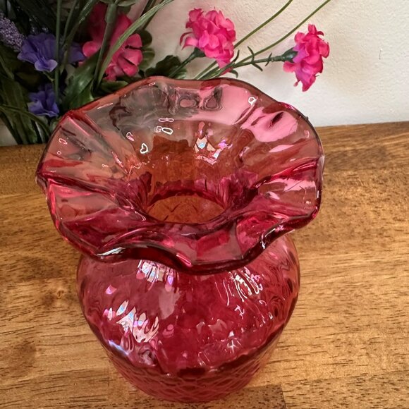 Vintage Cranberry Glass Vase‎ Diamond Thumbprint Pattern Ruffled Rim - Picture 5 of 7